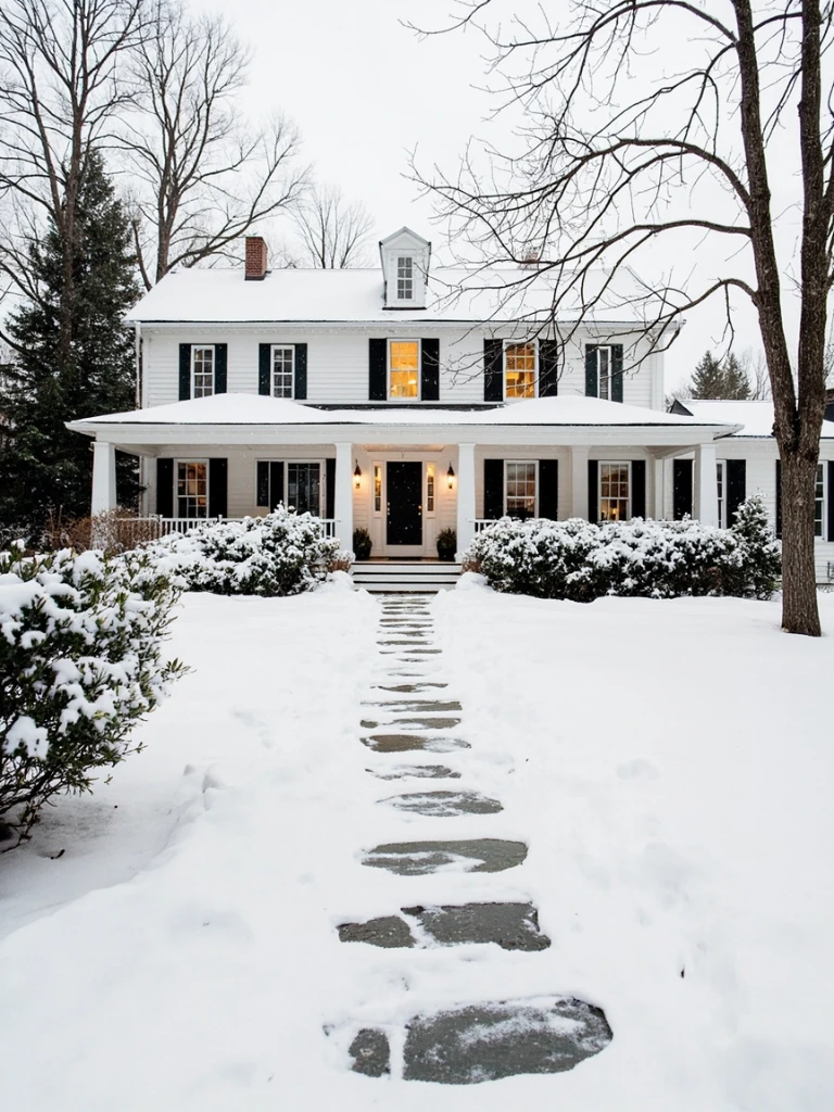A Vermont front yard in early winter, with a bluestone walk, river birch, and dwarf conifer against a modern farmhouse.